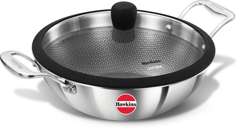 Hawkins Pro Kadhai, Shielded Nonstick Triply Deep-Fry Pan with Glass Lid (PSNK35G) Kadhai 26 cm diameter with Lid 3.5 L capacity(Triply, Non-stick, Induction Bottom)