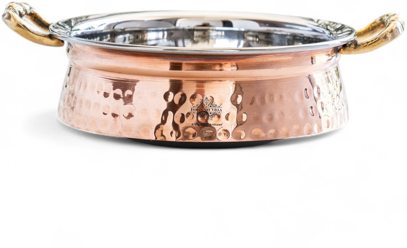 IndianArtVilla Steel Copper Handi/Casserole Bowl With Induction Bottom & Brass Knob and Handle Pot 18.54 cm diameter 350 L capacity(Copper)