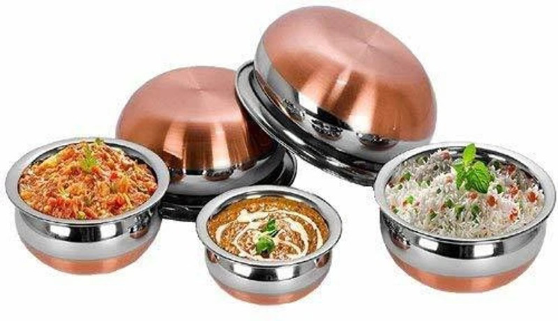 RBGIIT Stainless Steel Copper Bottom 5 Pic Handi Pot Set, Brown & Steel, 5 Pic Handi Copper Vegetable Bowl ,Cooking Dinner Table Serving Biryani Pot Handi Kadhai , Panikarilikka Steel Handi Handi 0.65 L, 0.85 L, 1.23 L, 1.83 L, 2.45 L(Stainless Steel)