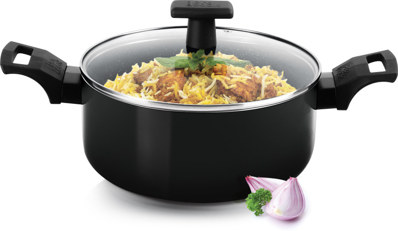 MILTON Pro Cook Granito Induction Biryani Pot With Glass Lid, Black Handi 3.5 L with Lid(Aluminium, Non-stick, Induction Bottom)