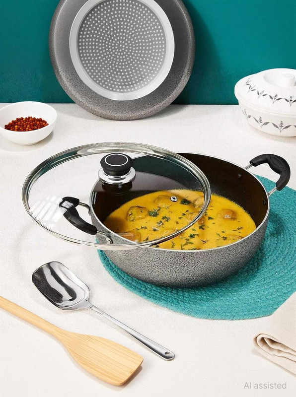 Mainsa Non Stick Kadhai With Glass Lid Cover For Cooking Kadhai 27 cm diameter with Lid 2 L capacity(Aluminium, Non-stick)