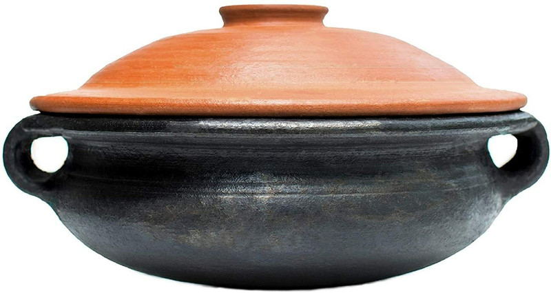 Frills & Colours Earthen Cookware for Kitchen/ Clay Pot/Handi- Organic/ Pre-Seasoned Black Handi 2.5 L with Lid(Earthenware)