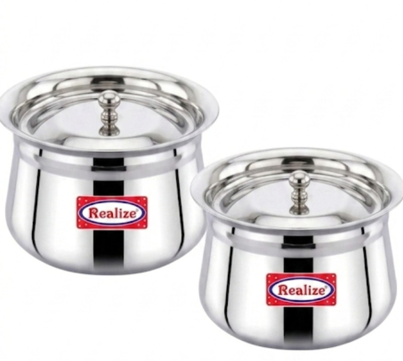 Realize 20G Stainless Steel Handi Set with Lid 2 Pieces Multipurpose Cooking pot Pot 14 cm, 15 cm diameter 0.7 L, 0.1 L capacity with Lid(Stainless Steel, Induction Bottom)