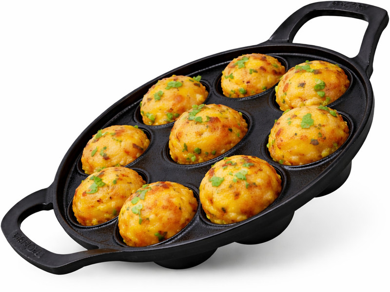 kyyte OxyStone Pre-Seasoned Cast Iron 9 Hole Paniyaram Pan | Appam Maker | Appe Pan | Paniarakkal Pan 18 cm diameter 0.12 L capacity(Cast Iron, Non-stick)