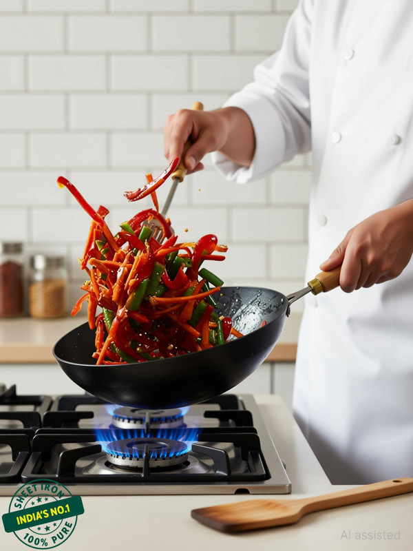 The Indus Valley Pre-Seasoned Light Iron Wok with Strong Wooden Handle - 12 inch Wok 4.2 L capacity 30.4 cm diameter(Iron)
