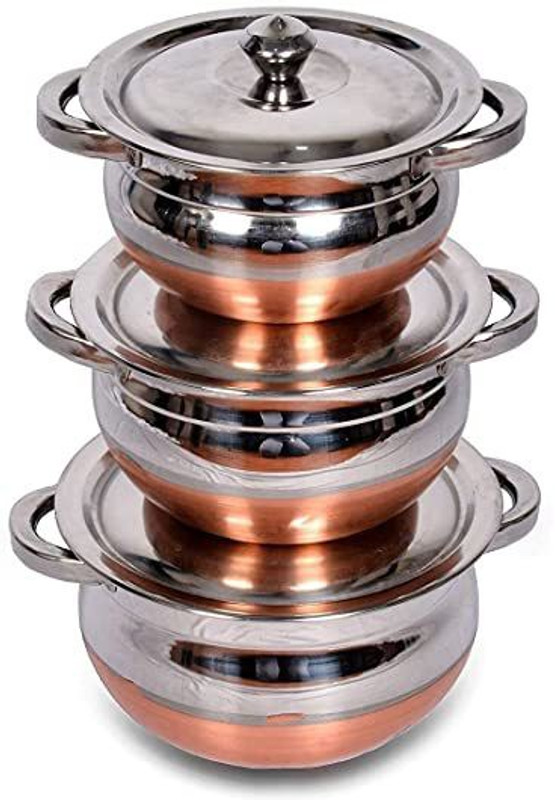 JD ENTERPEISE Stainless Steel Copper Bottom Kitchen Serving Handi with Handle Unique Set 3-Pec Handi 0.5 L, 1 L, 1.5 L with Lid(Stainless Steel, Non-stick, Induction Bottom)
