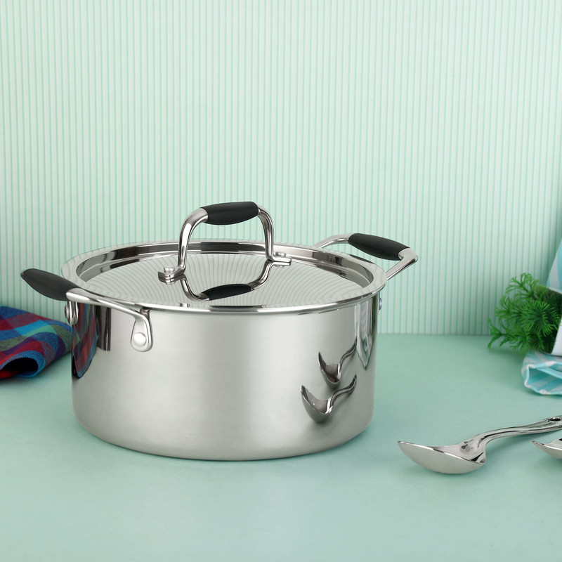 Chakmak TRIO Triply Stainless Steel Stewpan (20 cm) with Rubber Grip Handle & Steel Lid Pot 20 cm diameter 2.2 L capacity with Lid(Triply, Induction Bottom)