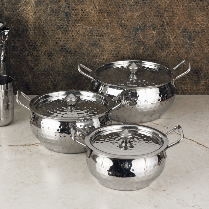 Chakmak Tomato Hammered Handi 2.3 L, 1.5 L, 1.1 L with Lid(Stainless Steel)