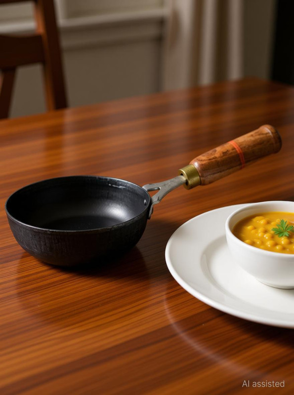 kyyte Pure Iron Wooden Handle Tadka Pan 13 cm diameter 0.4 L capacity(Iron, Induction Bottom)