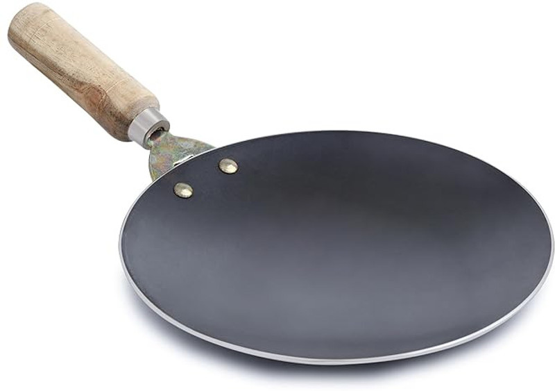 ZUKAH Iron Tawa with Unique Smooth Edges Touch Wooden Handle for Roti |10 inch| Tawa 26 cm diameter(Iron)
