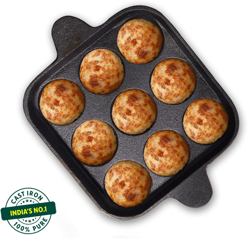 The Indus Valley Pre-Seasoned Cast Iron Square Paniyaram Pan with 9Pit - 9.4 inch Paniarakkal Pan 24 cm diameter 0 L capacity(Cast Iron, Non-stick)