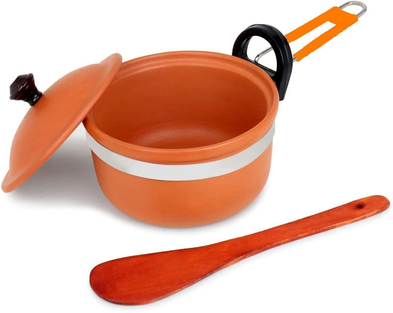 KSI Handmade 1.5L Clay Pot with Lid & Wooden Spatula | For Tea, Milk & cooking Sauce Pan 24 cm diameter with Lid 1.5 L capacity(Earthenware, Induction Bottom)
