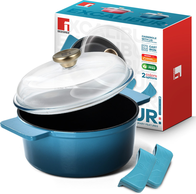 BERGNER Lightweight Cast Iron Casserole with Lid 20cm/2.3L, Non-Stick Coating, Handi 2.3 L with Lid(Cast Iron, Induction Bottom)