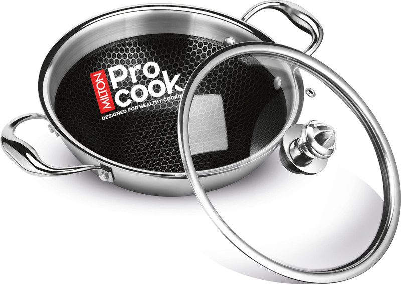 MILTON Pro Cook 30 cm Triply Honeycomb Hexa Tech Kadhai with Glass Lid, Induction ready Kadhai 30 cm diameter with Lid 5.5 L capacity(Stainless Steel, Non-stick, Induction Bottom)