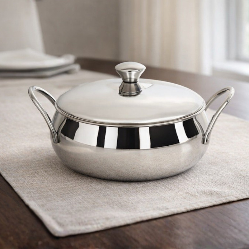 VINOD Stainless Steel Indigo Serving Bowl with Handle Handi 1.1 L with Lid(Stainless Steel)