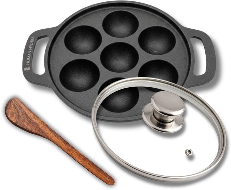 Human Hydro IronCure Cast Iron 12-Pit Paniyaram Pan with Glass Lid & Silicone Grips Paniarakkal Pan 20 cm diameter with Lid 1.2 L capacity(Cast Iron, Induction Bottom)