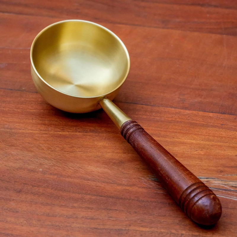 M R HANDICRAFTS Panache Brass Tadka Pan with Wooden Handle | Chounk / Baghar Pan for Seasoning Tadka Pan 10.5 cm diameter 0.1 L capacity(Brass, Wooden, Induction Bottom)
