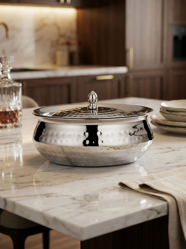 Chakmak Olive Hammered Handi with Lid 3 No.| Mirror Finish | Biryani & Serving Handi 2 L with Lid(Stainless Steel)