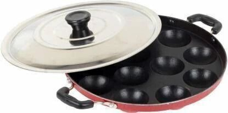 Swarambh Non-Stick 12 Cavity Aluminium Appam Patra Ponganal Maker Paniarakkal Litti Maker Appe Pan with Lid Appam Patra Non Stick with Lid Panniyarkal Non Stick Pan Appachatty Pan 17 cm diameter with Lid 0.5 L capacity(Aluminium, Non-stick)
