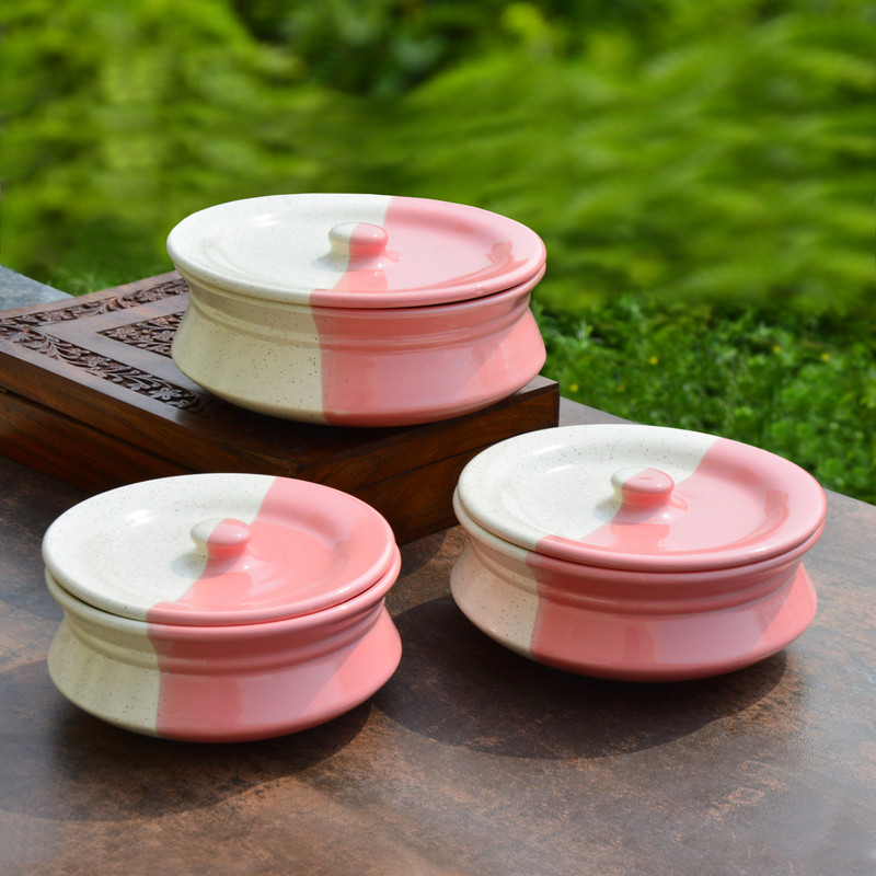 StyleMyWay Hand Painted Ceramic Handi with Lid (Set of 3, White, Pink) | Biryani Handis | Handi 1.5 L, 1 L, 0.7 L with Lid(Ceramic)