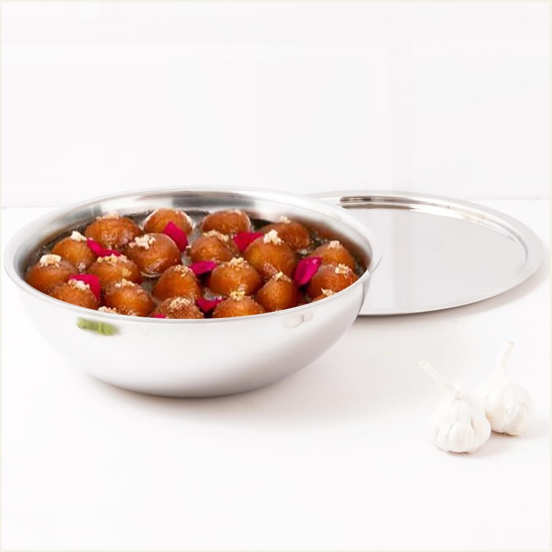 The Indus Valley Triply Stainless Steel Tasra/Big Bowl for Salad Mixing with Steel Lid -10.2 inch Tasla with Lid 3.2 L capacity 26 cm diameter(Triply, Induction Bottom)