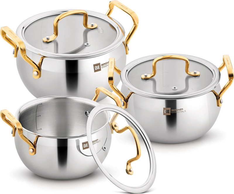 BERGNER BE Essnetials Triply Stainless Steel Rishi Gold 3 Handi Set | Handi 4.2 L, 3.2 L, 2.2 L with Lid(Triply, Stainless Steel, Induction Bottom)