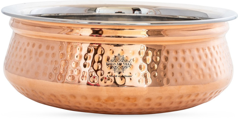IndianArtVilla Steel Copper Hammered Design Handi No.4 - 7.8" Dia Handi 1.35 L(Copper, Steel)