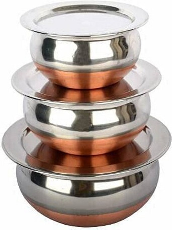 Masox Store Cooking & Serving Copper Bottom Handi Set Biryani Pot Punjabi Handi with Lid F1 Pack of 3 Cook and Serve Casserole Set(500 ml, 750 ml, 1100 ml)