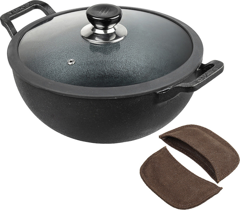 VINOD Legacy Pre Seasoned Cast Iron Kadai with Glass Lid / Naturally Non Stick Kadhai 24 cm diameter with Lid 3.3 L capacity(Cast Iron)