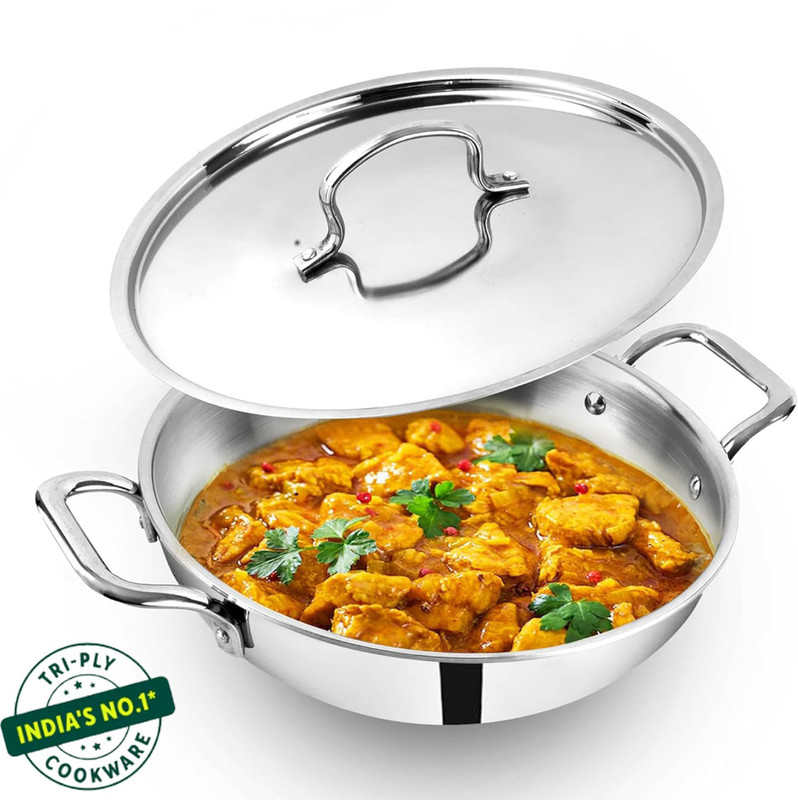 The Indus Valley Stainless Steel 3-layer Bottom Kadai with Bakelite Handle - Very Small 8.1 inch Kadhai 20.7 cm diameter with Lid 1.6 L capacity(Stainless Steel, Induction Bottom)