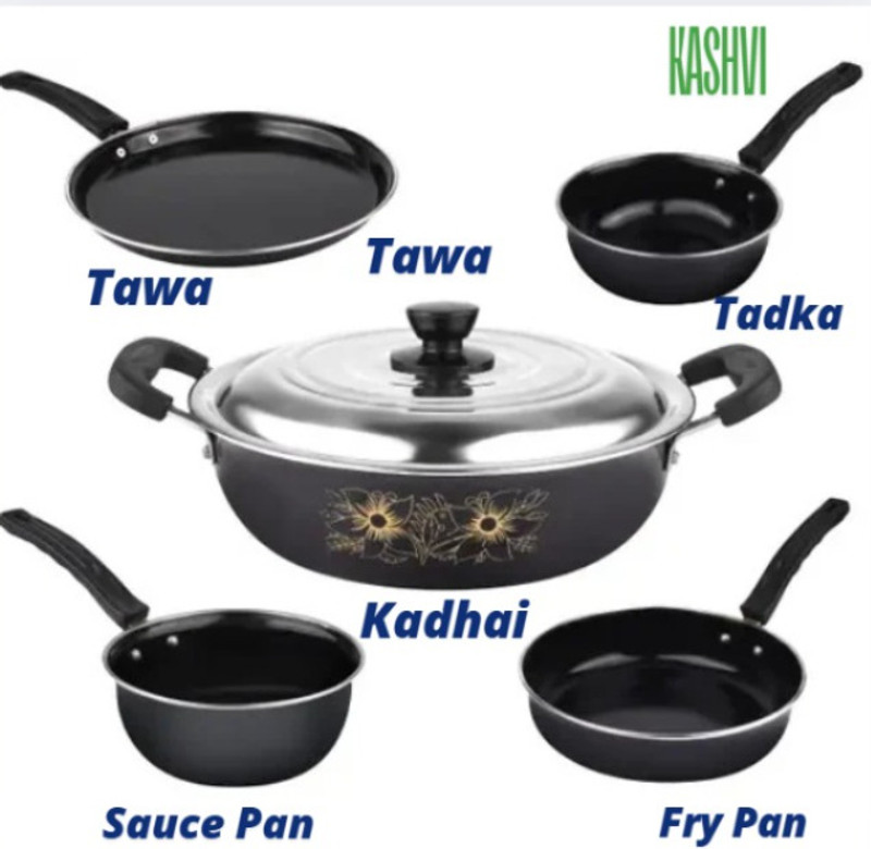 Kashvi Pack of 5 pc (Kadhai (With Lid), Fry Pan, Sauce Pan, Tadka Pan & Tawa) Pot 26 cm diameter 3.5 L capacity with Lid(Cast Iron, Non-stick, Induction Bottom)