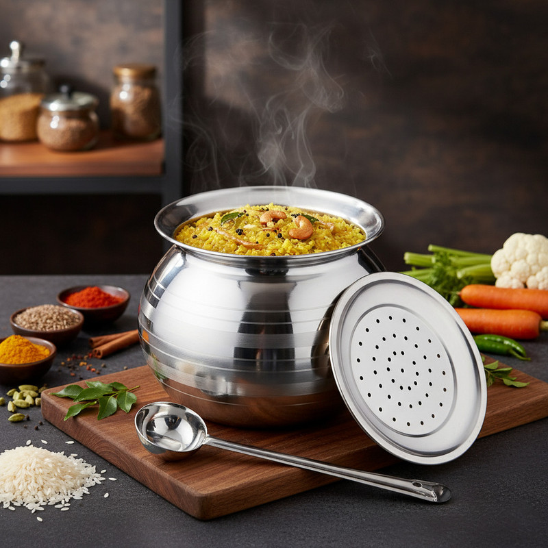 THANGAM Stainless Steel Pongal Pot/Rice pot/Handi/Cooker with Vadi Plate, 3 Litres Pot 16.5 cm diameter 3 L capacity with Lid(Stainless Steel, Induction Bottom)