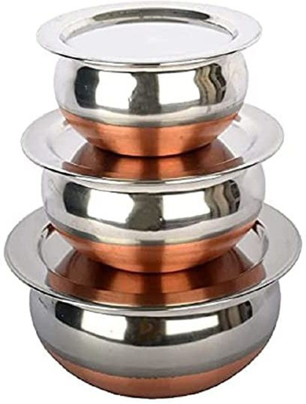 LEOSXA 3 Copper Bowl Set With Lids, Serving Bowl Set, Cooking Bowls, Dinner Set Handi 1.2 L, 1.6 L, 2.6 L with Lid(Stainless Steel, Copper, Non-stick, Induction Bottom)