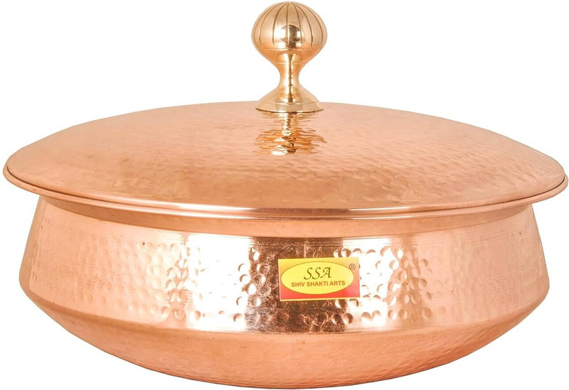 Shivshakti Arts Copper Lagan Handi with Lid Hammered Finish, Chemical Free for Benefits 5Ltr Handi 5 L with Lid(Copper)