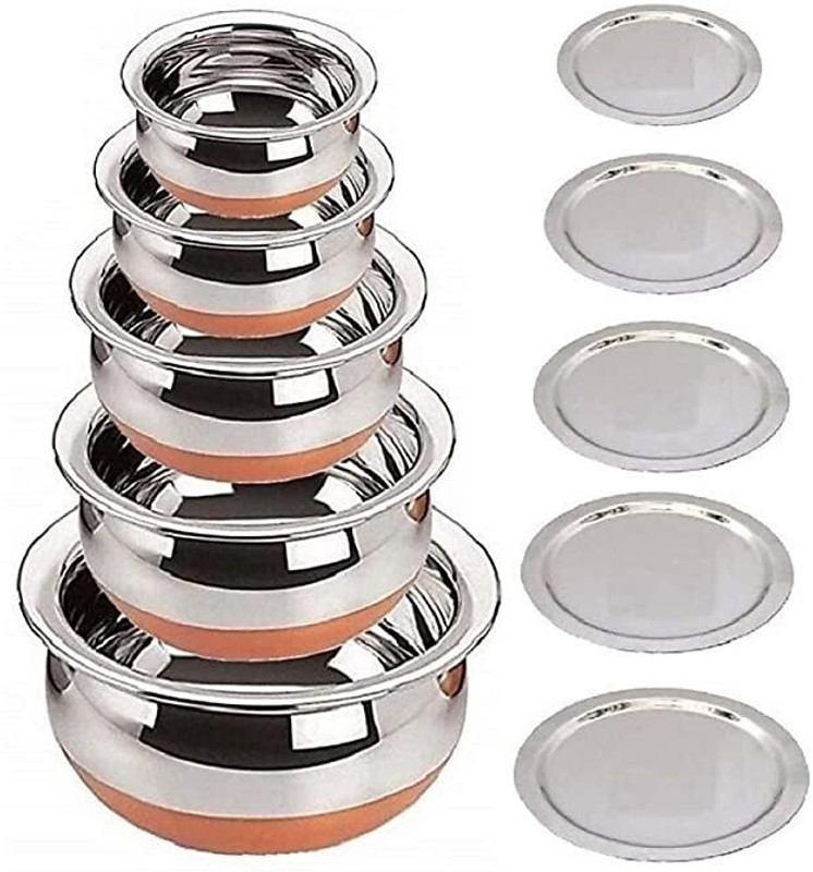 LIMETRO STEEL Stainless Steel 5 Pieces Copper Coated Handi Set with Lid/ Urli Set with Lid Cookware Set(Stainless Steel, 5 - Piece)