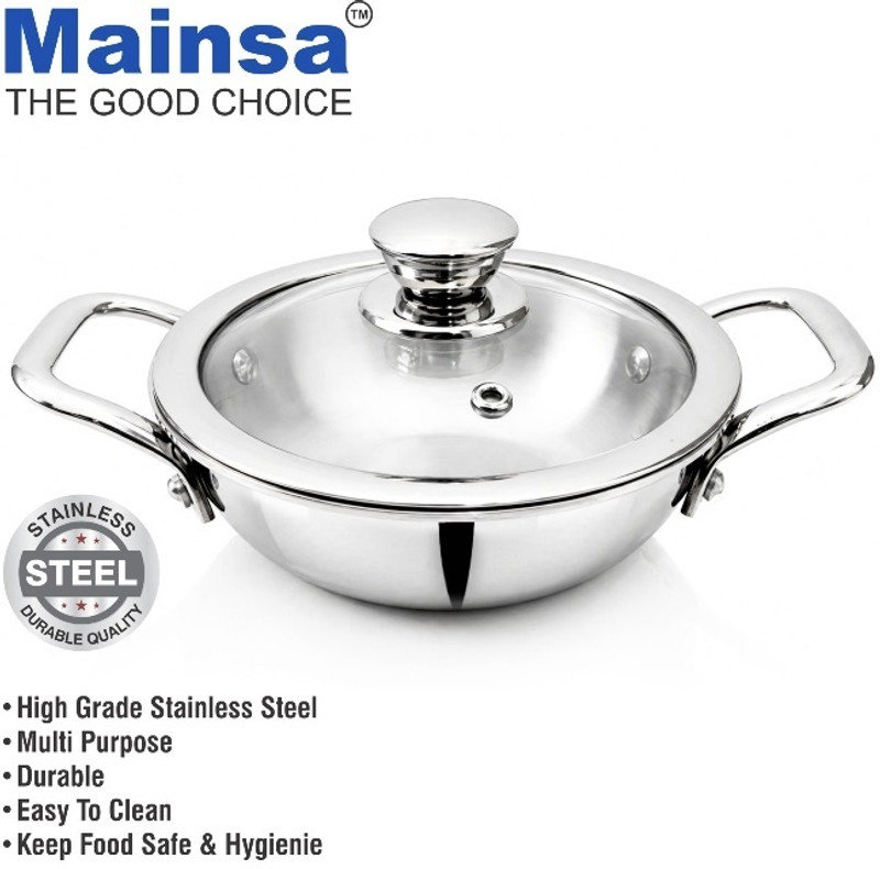 Mainsa Triply Kadhai Cooking and Fry Kadhai Kadhai with Lid Kadhai 16 cm diameter with Lid 1 L capacity(Stainless Steel, Induction Bottom)
