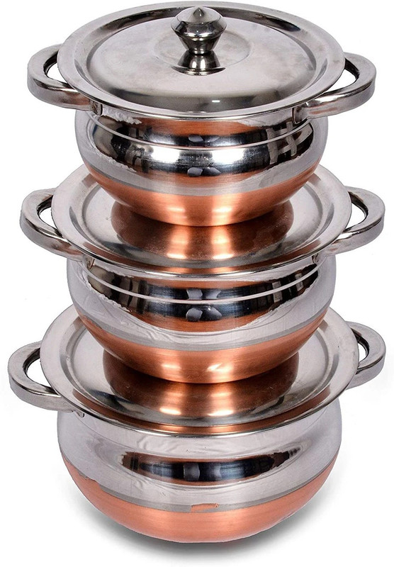 eppyz Kitchen Stainless Steel Handi Set with Lid Set- Biryani Handi Set for Cooking, Serving, Baking, Prepping Use Handi 0.75 L, 1 L, 1.5 L with Lid(Stainless Steel)
