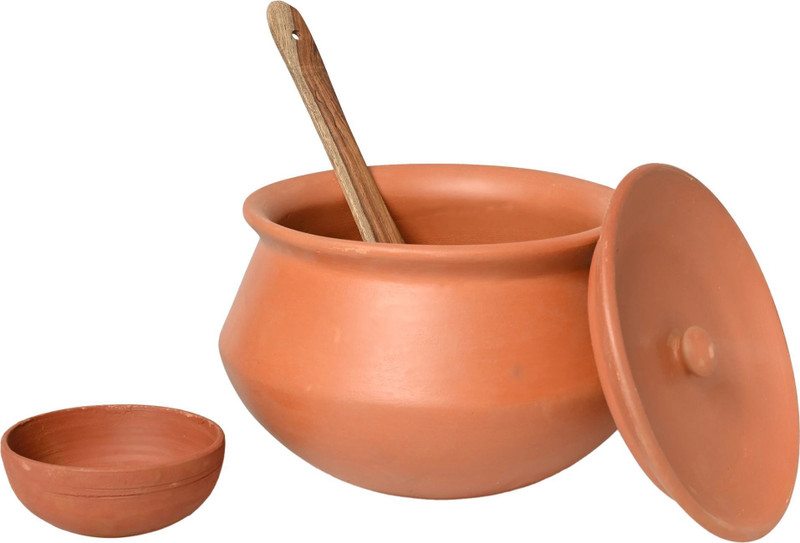 KSI 3.5L Plain Handi with Spatula & Bowl for Cooking Handi 3.5 L with Lid(Earthenware)