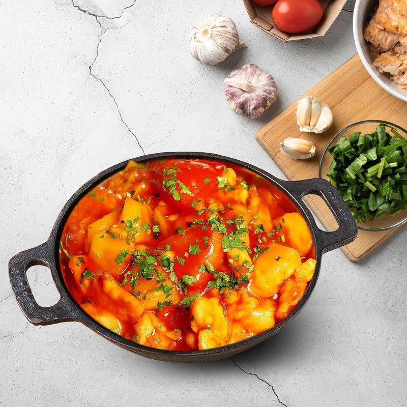 Solara Pre seasoned Cast Iron Kadai Wok model With Flat handle - 10 inch Kadhai 25 cm diameter 2.3 L capacity(Cast Iron, Non-stick)