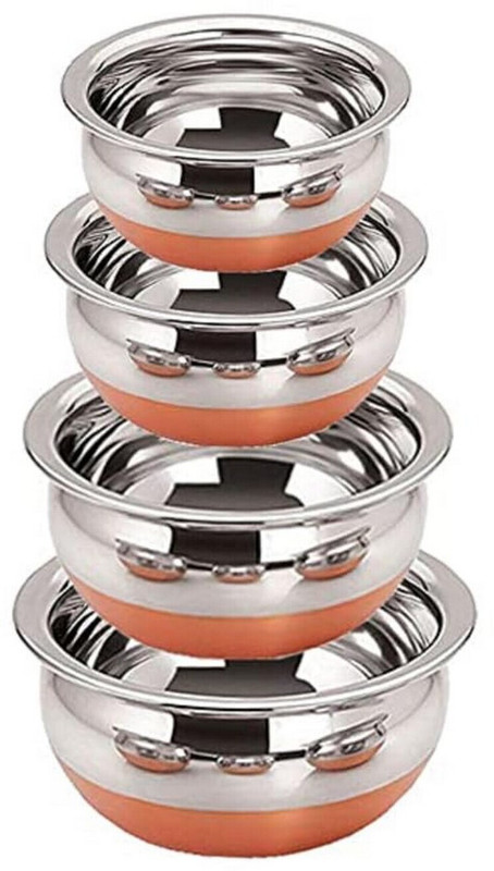 HM EVOTEK Steel Copper Bottom Kitchen Serving, Cooking Bowl Steel Handi | Biryani Handi F1 Pack of 4 Cook and Serve Casserole Set(350 ml, 500 ml, 750 ml, 1100 ml)