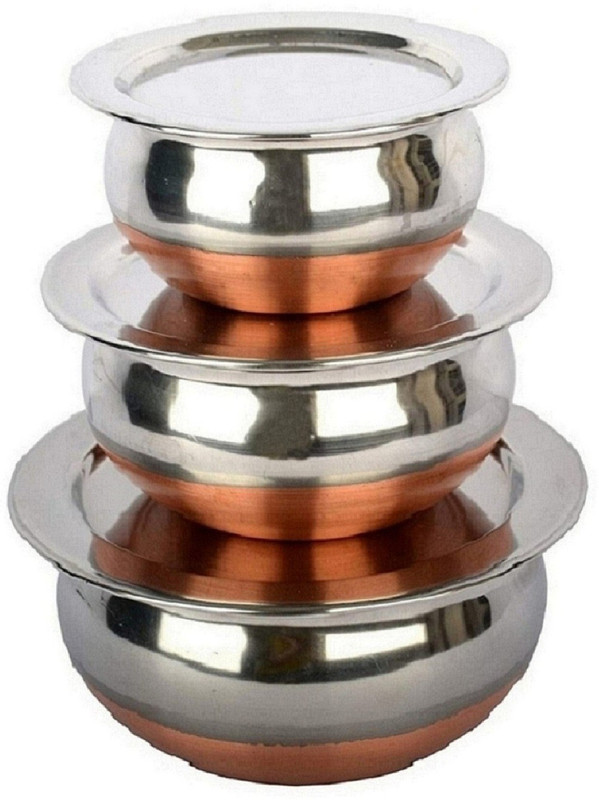 RBGIIT Stainless Steel Copper Bottom Cookware Set | Container | Tope | Patila | Tapeli | Handi | Kitchen Cooking and Serving Bowl | Dining Set | Pot Sets | Cooking Serving Biryani | Punjabi Pot Pan Combo Handi |Chiken Fish And Rice Boil | Stainless Steel Copper Base Gas Compatible Handi Set | Prabhu