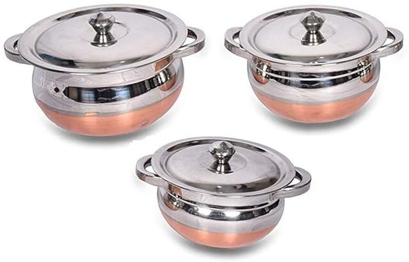 KRB KRB,Stainless Steel Copper Bottom Handi Set of 3 Pcs with lid Kitchen Handi 750 L, 1000 L, 1500 L with Lid(Stainless Steel)