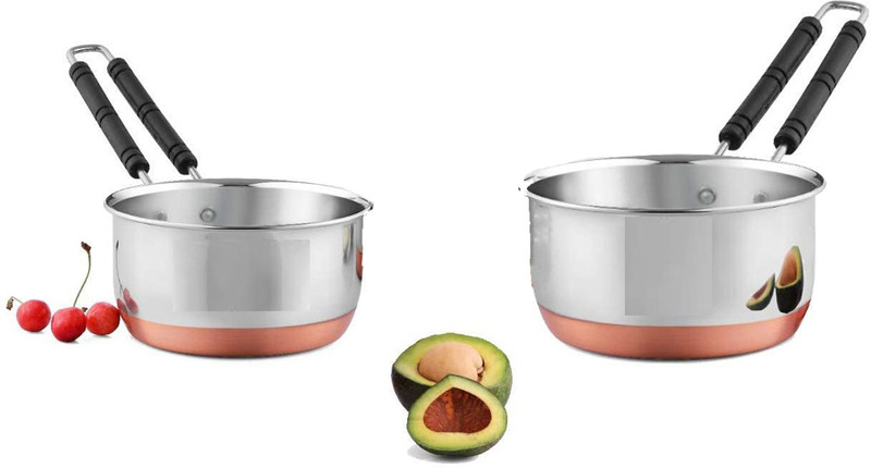 NARV Steel Copper Bottom Saucepan Tea Coffee Pan with Heat Proof Handle Combo Set K0 Milk Pan 11 cm, 15 cm diameter 1 L, 1.5 L capacity(Stainless Steel)