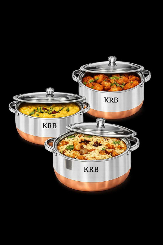 KRB RAJ HANDI 3PCS 015COPPER BOTTAM HANDI WITH LID Handi 0.7 L, 1.5 L, 2 L with Lid(Stainless Steel)
