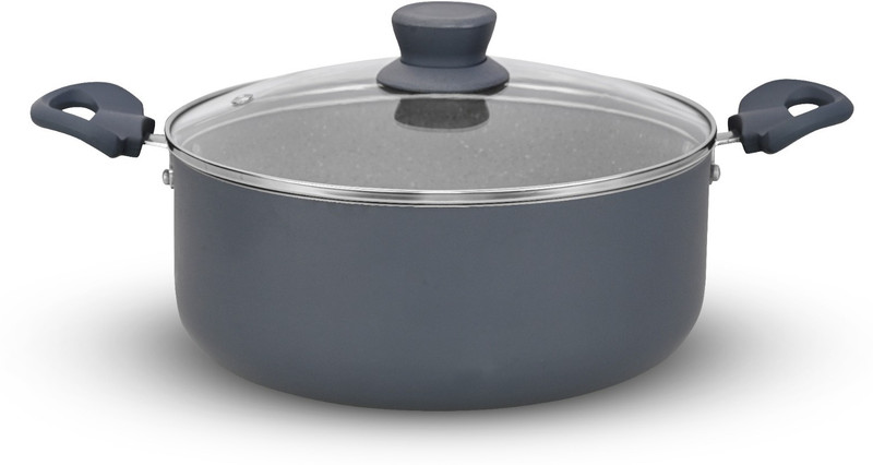NAVRANG NONSTICK BIRYANIPOT/STEWPOT 240 GLASS LID,INDUCTION,GREY,SOFT TOUCH HANDLES Pot 24 cm diameter 4.3 L capacity with Lid(Aluminium, Non-stick, Induction Bottom)