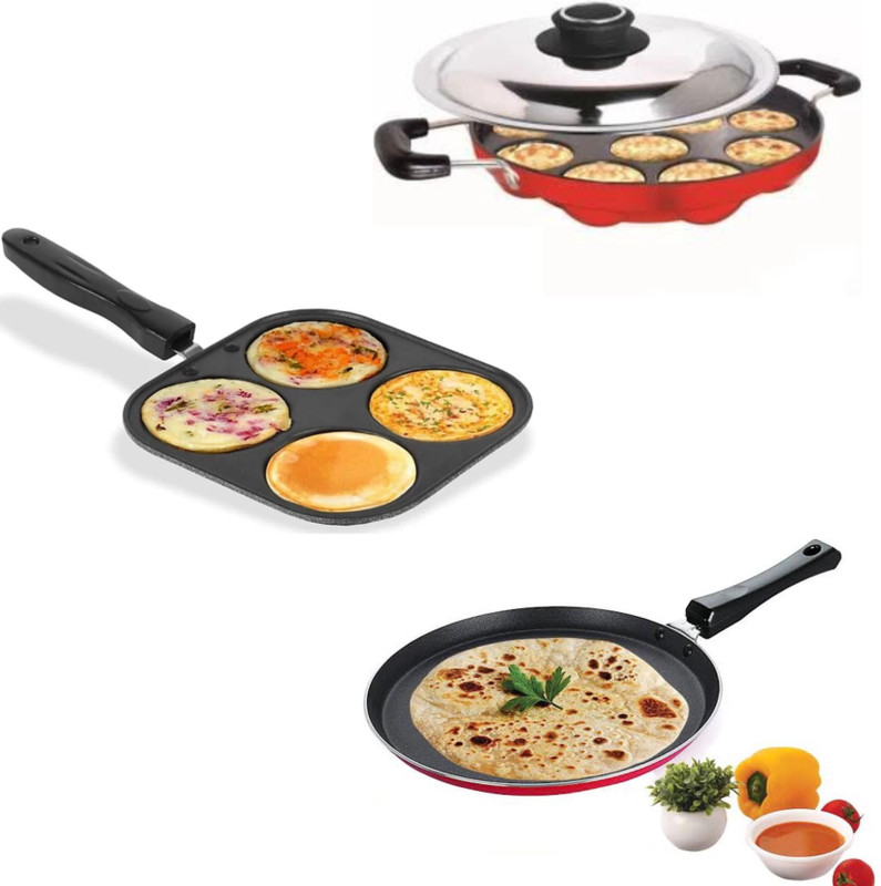 JAINEX Classic Non-Stick 3 Pcs Cookware Set (Appam Pan - 23cm, Dosa Tawa - 27cm, Uttapam Pan - 19.5cm)… Paniarakkal Pan 23 cm diameter with Lid 2 L capacity(Aluminium, Non-stick)