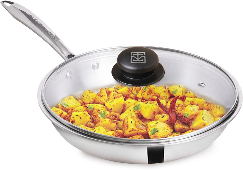 The Indus Valley Triply Stainless Steel Fry Pan with Glass Lid and Long Handle - 8.7 inch Fry Pan 22 cm diameter with Lid 1.5 L capacity(Triply, Induction Bottom)