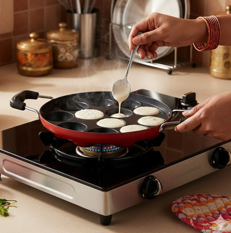 Zen Appam Patra with Strong Bakelite Handle | Even Heating | Non-Stick Coating Tope/Bhagona/Patila with Lid 1 L capacity 22 cm diameter(Stainless Steel, Non-stick)