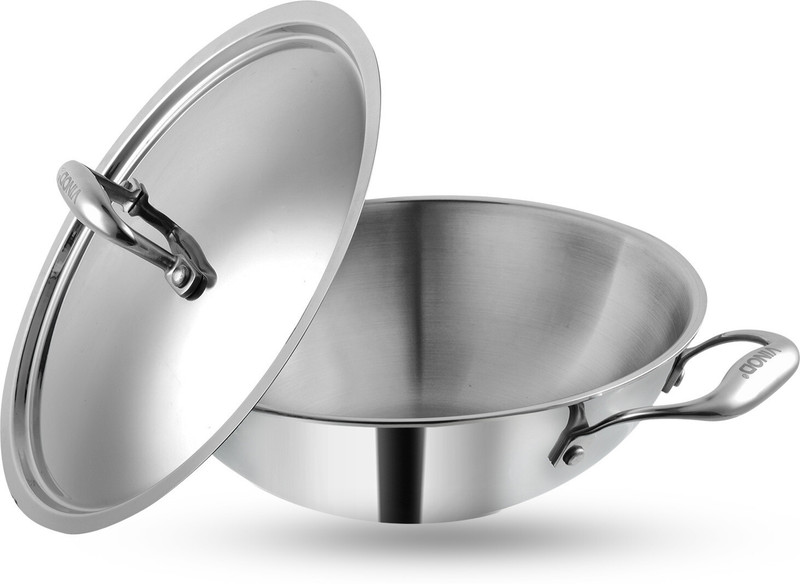 DAIZEL Triply Steel Kadhai 22 cm with Stainless Steel Lid | Strong Handles | Kadhai 22 cm diameter with Lid 2 L capacity(Stainless Steel, Triply, Induction Bottom)