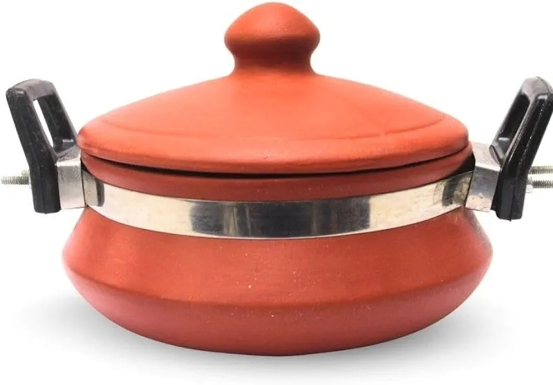 Lotan Clay Handi/MItti Handi with Lid Handi Uncoated, Brown Handi 2 L(Earthenware, Non-stick)